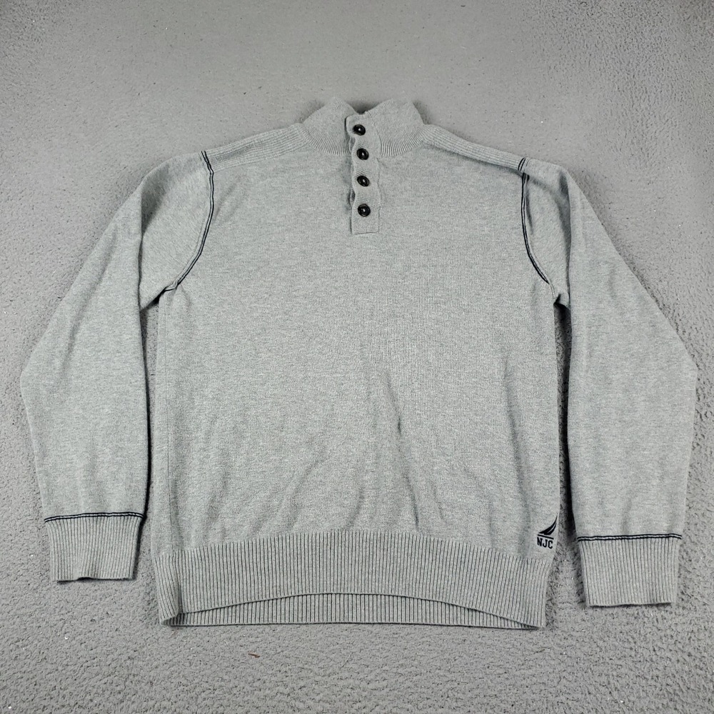 Nautica Mens Gray Mock Neck Button Pullover Sweater Large NJC Logo Cotton